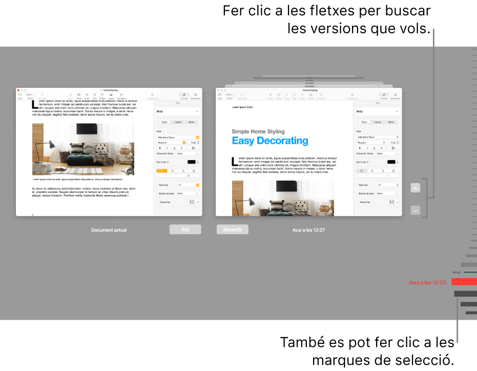 La línia de temps de versions, que mostra el document actual a l’esquerra i una versió recent a la dreta.