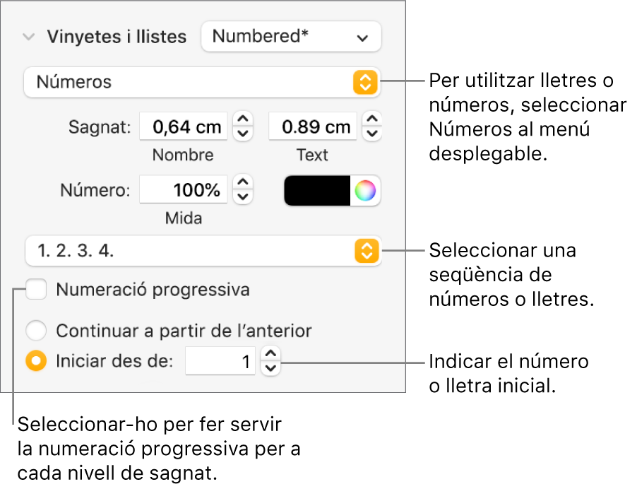 Controls per canviar l’estil dels números i l’espaiat d’una llista.