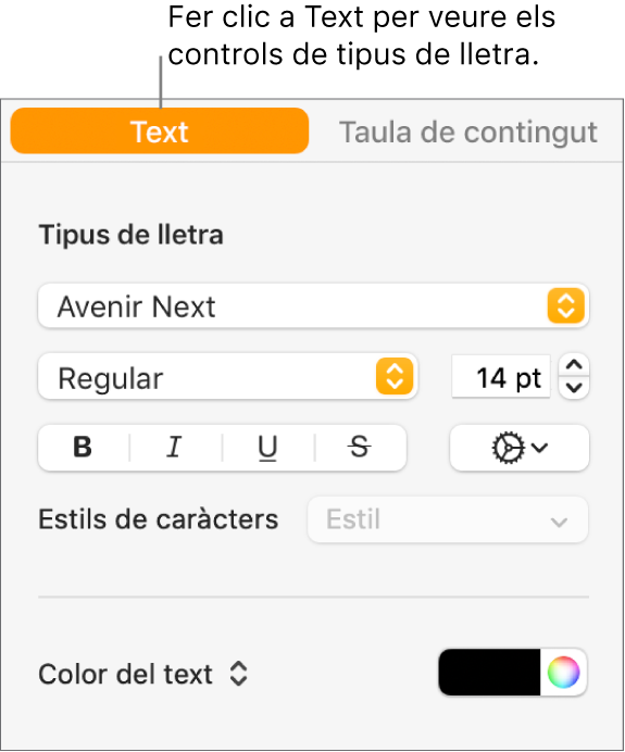 La barra lateral format amb la pestanya Text seleccionada i els controls de tipus de lletra per canviar la lletra, la mida de la lletra i afegir estils de caràcter.