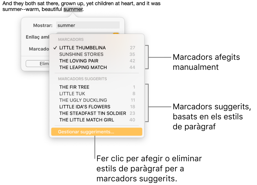 La llista de marcadors amb els marcadors afegits manualment a la part superior i els marcadors suggerits a la part inferior. L’opció “Gestionar suggeriments” és a la part inferior.