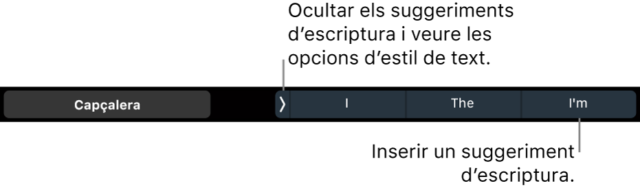 La Touch Bar del MacBook Pro amb controls per seleccionar l’estil de text, ocultar els suggeriments d’escriptura i inserir-ne.