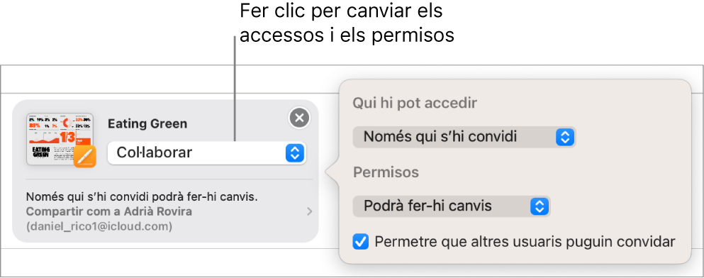 Invitació a col·laborar que s’envia a l’app Missatges. El menú desplegable confirma els privilegis d’accés, de permís i d’invitació.