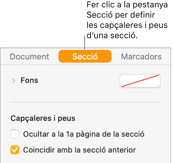 La barra lateral Document amb la pestanya Secció a la part superior de la barra lateral seleccionada. La secció “Capçaleres i peus” de la barra lateral té caselles de selecció al costat de les opcions “Ocultar a la 1a pàgina de la secció” i “Coincidir amb la secció anterior”.