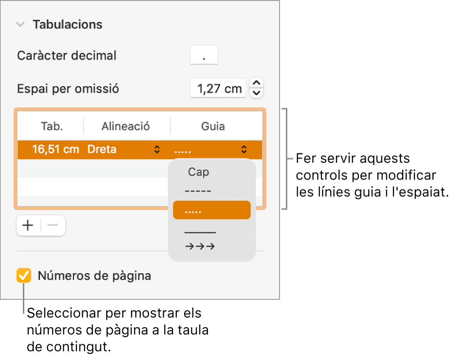 La secció Pestanyes de la barra lateral Format. A sota d’“Espai per omissió” hi ha una taula amb les columnes Tabuladors, Alineació i Guia. A sota de la taula apareix la casella de selecció “Números de pàgina” seleccionada.