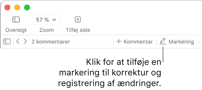 Menulinjen med Indsætmenuen og under den værktøjslinjen i Pages med korrekturværktøjer og en billedforklaring til knappen Marker.