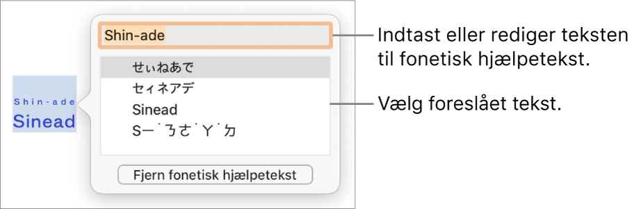 Den fonetiske hjælp åben til et ord med billedforklaringer til tekstfeltet og den foreslåede tekst.