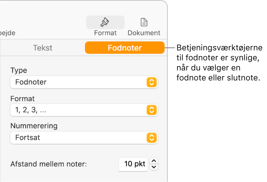 Vinduet Fodnoter med lokalmenuer til Type, Format, Nummerering og afstand mellem noter.