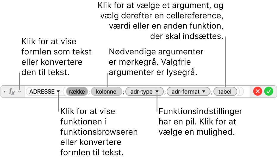 Formelværktøjet, der viser funktionen ADRESSE og dens argumentmærker.
