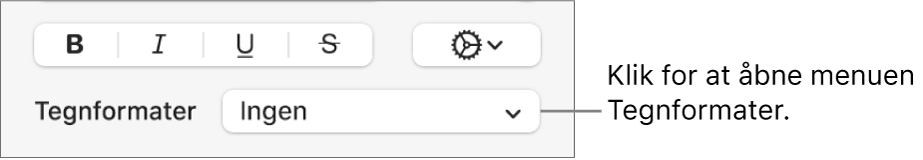 Lokalmenuen Tegnformater under betjeningsmulighederne til ændring af tekstens format og farve.