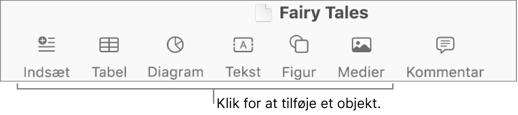 Værktøjslinjen i Pages med knapperne Tabel, Diagram, Tekst, Figur og Medier.