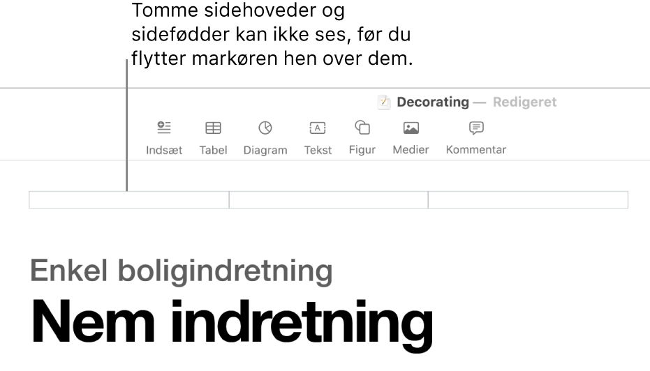 Tre felter til sidehovedet over et dokuments titel.