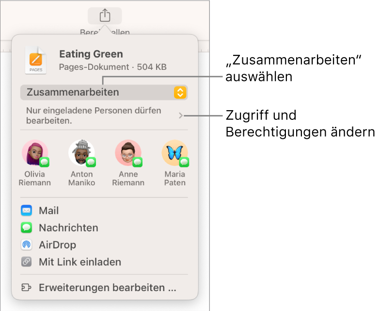 Der Dialog „Zusammenarbeiten“.