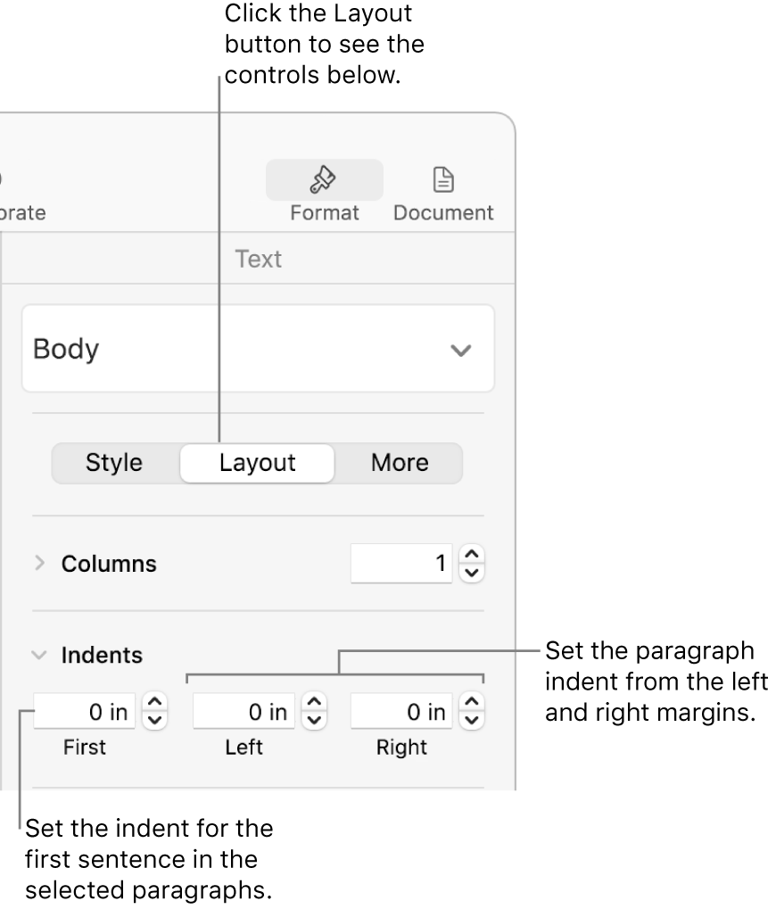 Controls in the Layout section of the Format sidebar for setting first line indent.
