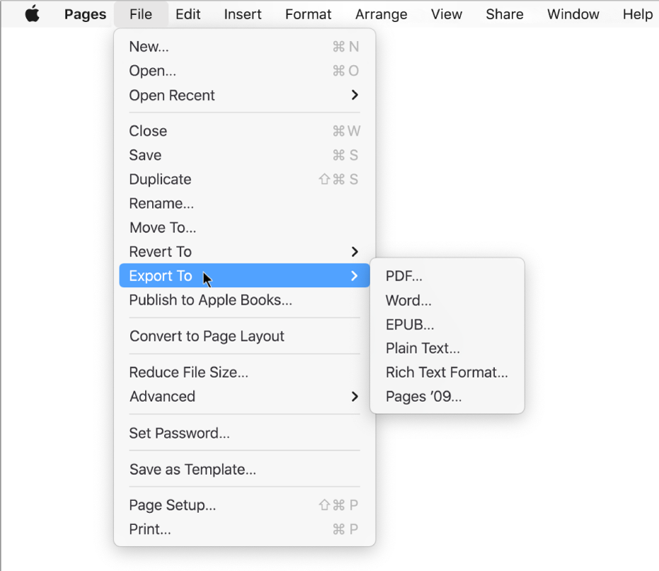 The File menu open with Export To selected, with its submenu showing export options for PDF, Word, Plain Text, Rich Text Format, EPUB and Pages ’09.