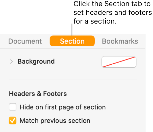 The Document sidebar with the Section tab at the top of the sidebar selected. The Headers & Footers section of the sidebar has tick boxes next to “Hide on first page of section” and “Match previous section.”