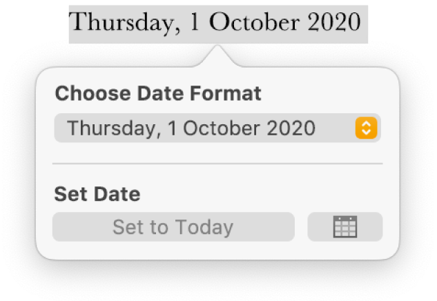 The Date & Time controls showing a pop-up menu for date format and a Set to Today button.