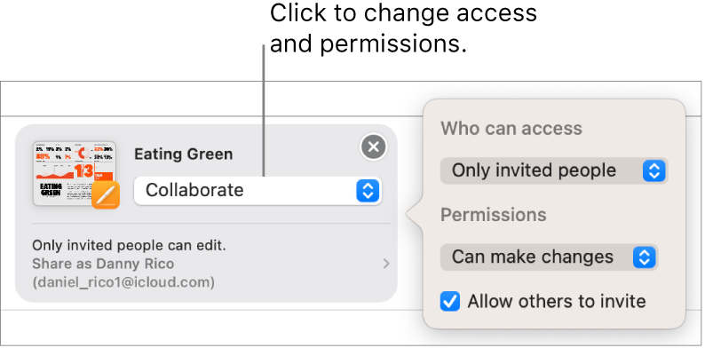 An invitation to collaborate being sent in Messages. The pop-up menu confirms access, permission, and invitation privileges.