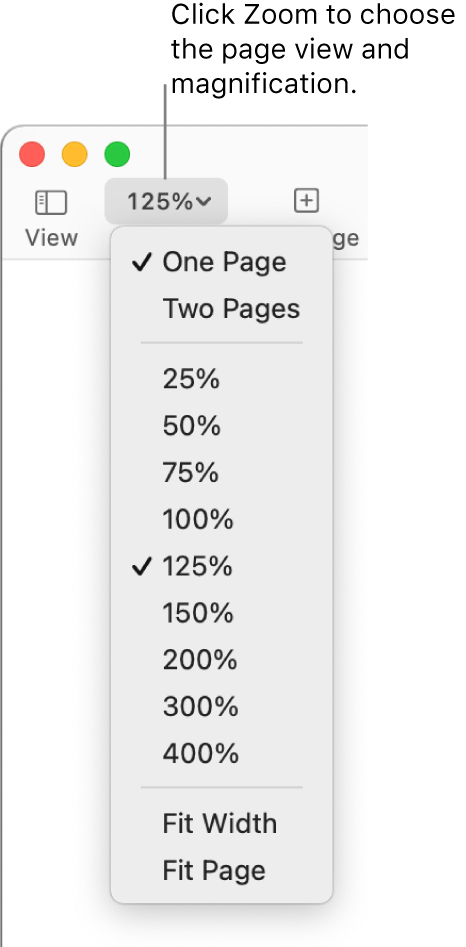 The Zoom pop-up menu with options to view one page and two pages at the top, percentages ranging from 25% through 400% below, and Fit Width and Fit Page at the bottom.