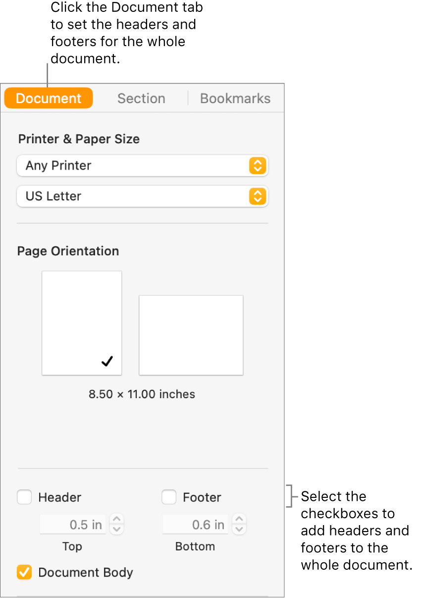 The Document sidebar with the Document tab at the top of the sidebar selected. Below the Header and Footer checkboxes are arrows to change the distance of headers and footers from the top and bottom of the page.