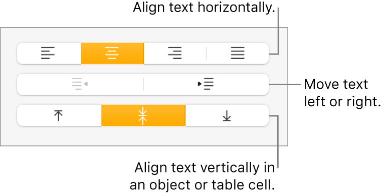 The Alignment section with callouts to the text alignment and spacing buttons.