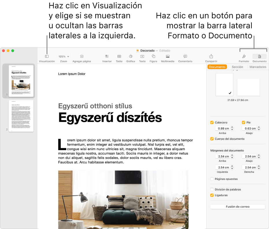 Ventana de Pages con mensajes en el botón del menú Visualización y en los botones Formato y Documento de la barra de herramientas. Barras laterales abiertas a izquierda y derecha.