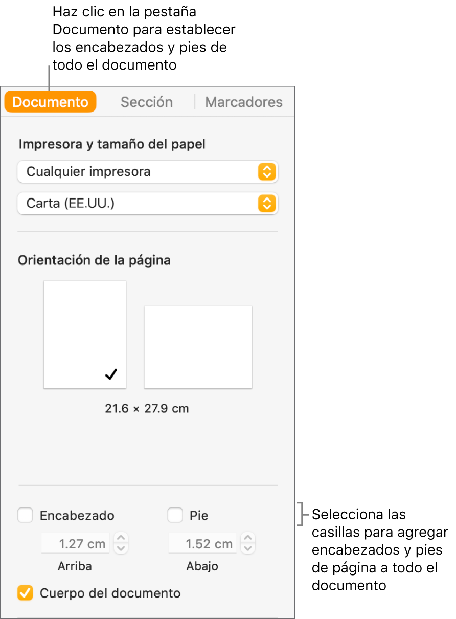 La barra lateral Documento con la pestaña Documento seleccionada en la parte superior de la barra lateral. Debajo de las casillas Encabezado y Pie de página hay flechas que te permiten ajustar la distancia de los encabezados y pies desde la parte superior e inferior de la página.