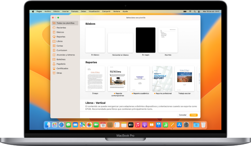 Una MacBook Pro mostrando la pantalla del selector de plantillas de Pages. La categoría Todas las plantillas está seleccionada a la izquierda y las plantillas prediseñadas aparecen en filas y organizadas por categoría a la derecha.