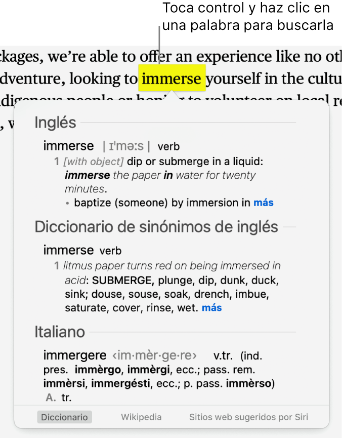 Un párrafo con una palabra resaltada y una ventana que muestra su definición y una entrada de diccionario de sinónimos. Los botones en la parte inferior de la pantalla proporcionan enlaces al diccionario, Wikipedia y sitios web sugeridos por Siri.