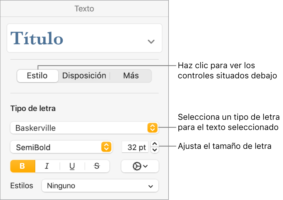 Controles de texto de la sección Estilo de la barra lateral Formato para ajustar el tamaño y el tipo de letra.