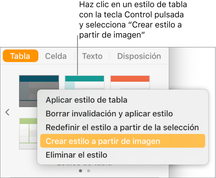 El menú de funciones rápidas de estilo de tabla.