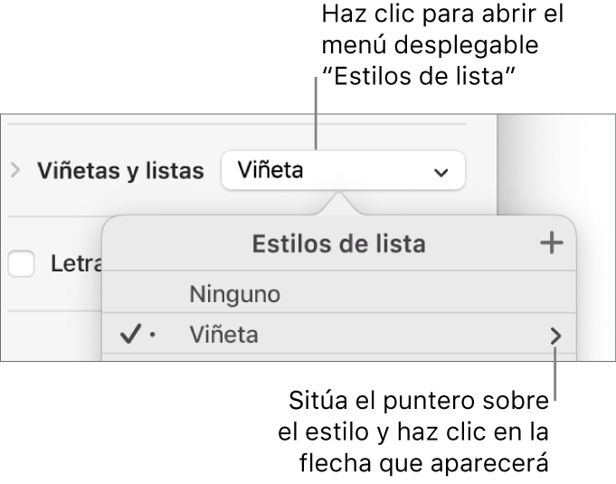 El menú desplegable “Estilos de lista” con un estilo seleccionado y una flecha en el extremo derecho.