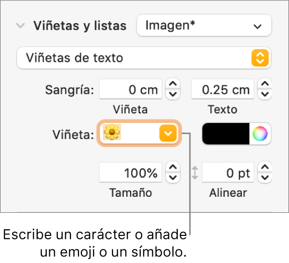 La sección de viñetas y listas de la barra lateral Formato. El campo Viñeta muestra un emoji de una flor.