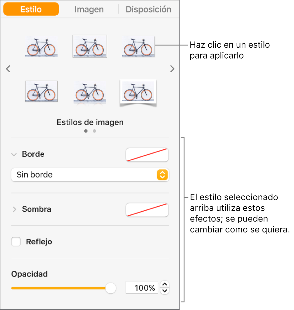 La pestaña Estilo de la barra lateral Formato con opciones de estilo de objeto.