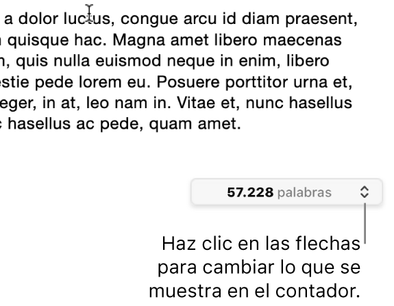 El menú de recuento de palabras con el número de palabras del documento.