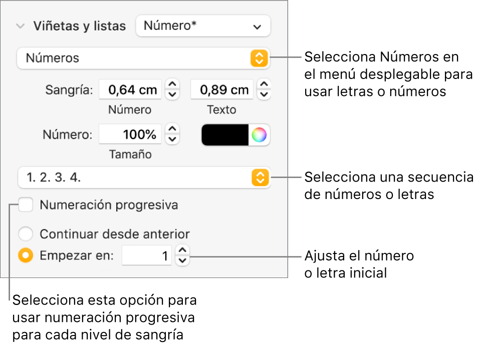 Controles para cambiar el estilo de numeración y el espaciado de una lista.