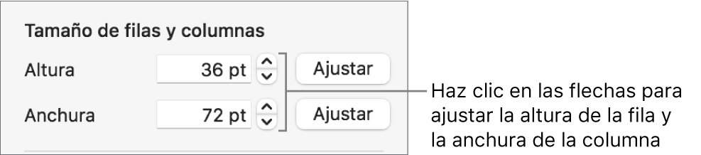 Los controles para ajustar un tamaño de fila o columna preciso.