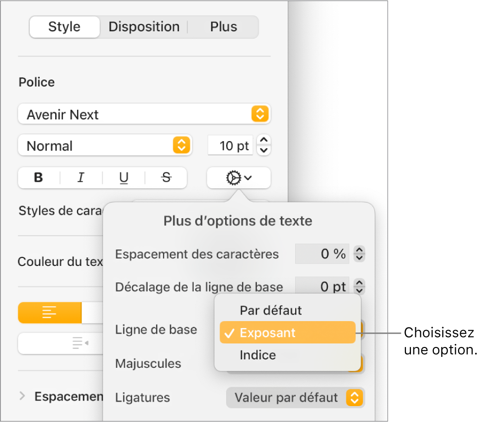 Le menu Options avancées avec le menu contextuel Ligne de base ouvert et montrant les éléments de menu Par défaut, Exposant et Indice.