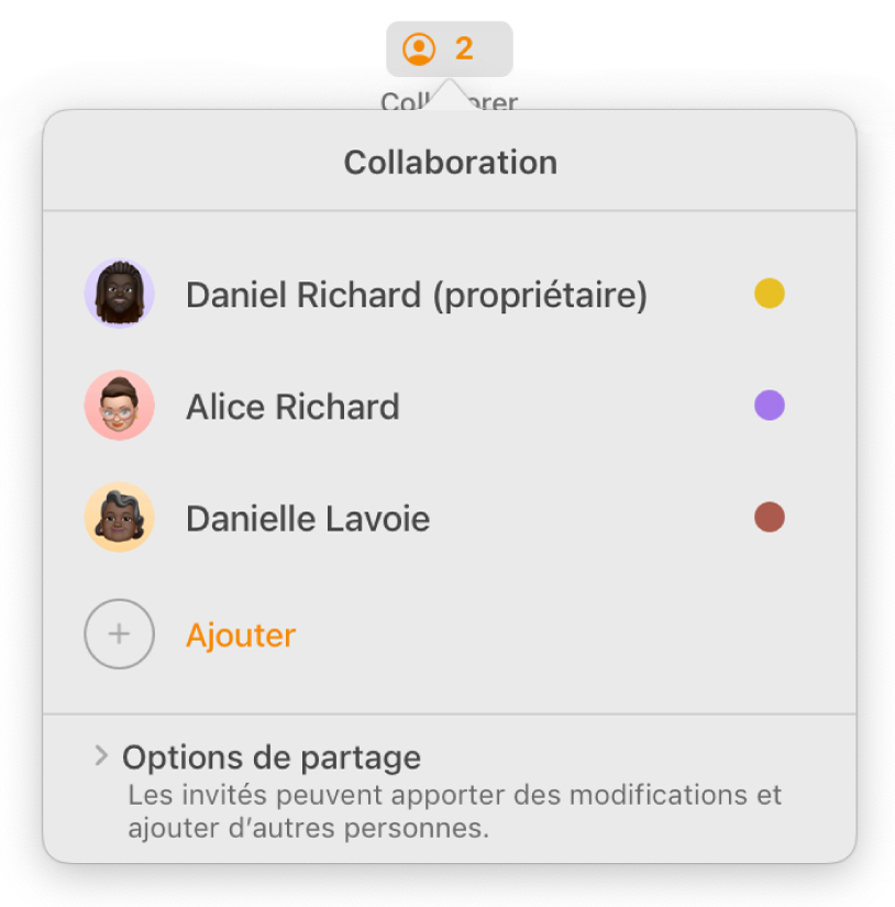 Le menu Collaboration affiche les noms des personnes collaborant au document. Les options de partage sont en dessous des noms.