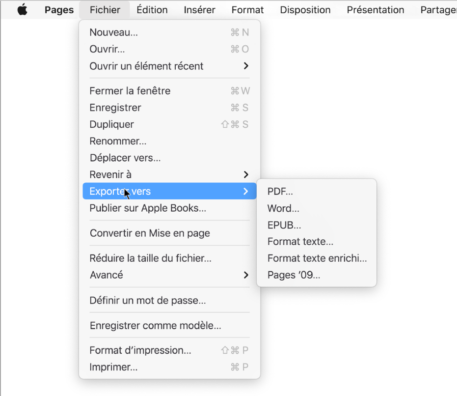 Menu Fichier ouvert avec l’option Exporter vers sélectionnée, le sous-menu affichant les options d’exportation PDF, Word, Format texte, Format texte enrichi, EPUB et Pages ’09.