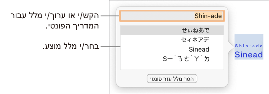 המדריך הפונטי פתוח עבור מילה, עם הסברים לגבי שדה המלל והמלל המוצע.