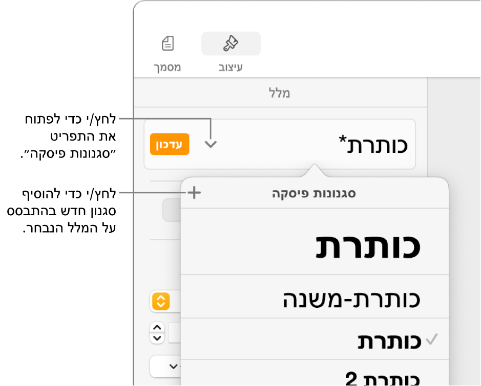 התפריט ״סגנונות פיסקה״, מציג כלי בקרה להוספה או שינוי של סגנון.