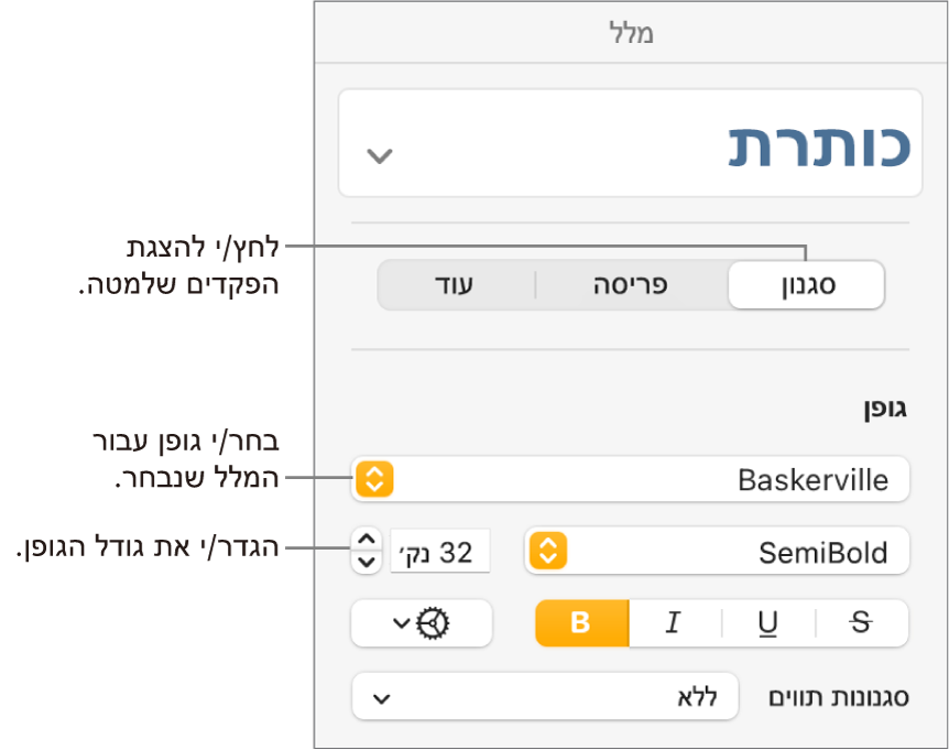 כלי בקרה של מלל במקטע ״סגנון״ של סרגל הצד ״עיצוב״ להגדרת גופן וגודל גופן.