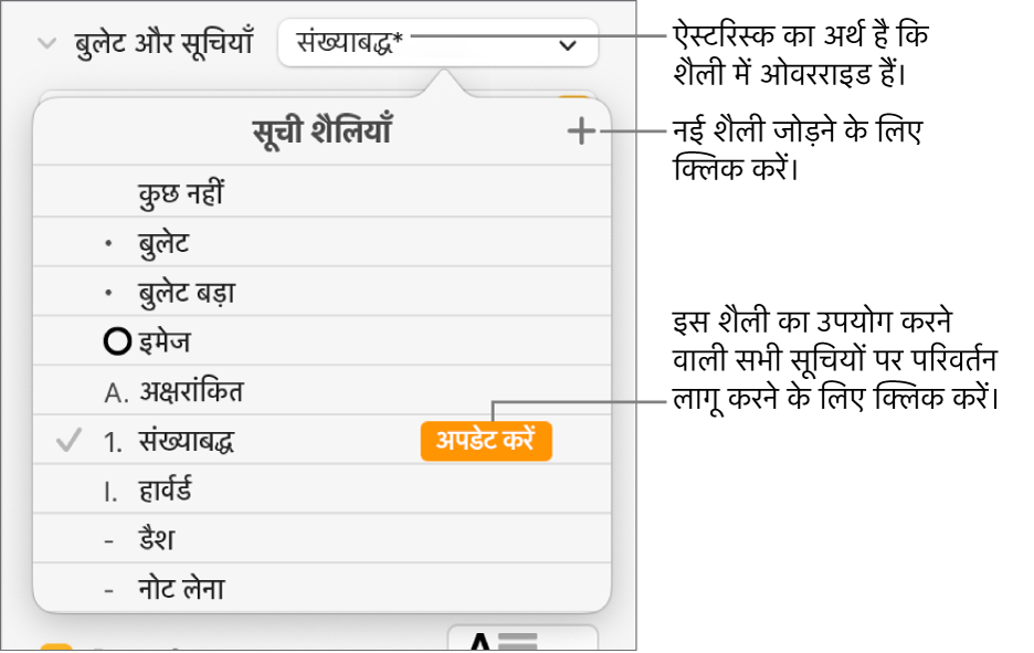 शैलियाँ प्रबंधित करने के लिए “नई शैली” बटन के लिए ओवरराइड तथा कॉलआउट इंगित करने वाला ऐस्टरिस्क दिखाता “सूची शैलियाँ” पॉपअप मेनू और विकल्पों का सबमेनू।