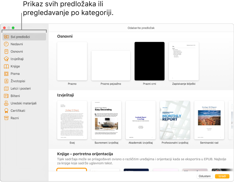 Izbornik predložaka. U rubnom stupcu s lijeve strane nalazi se popis kategorija predložaka koje možete kliknuti za filtriranje opcija. S desne su strane minijature postojećih predložaka organizirane u recima prema kategoriji počevši s kategorijom Osnovno pri vrhu, a zatim slijede kategorije Izvješća i Knjige – Portret. Tipke Poništi i Izradi nalaze se u donjem desnom kutu.