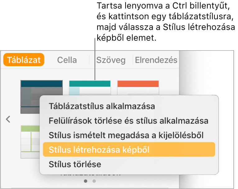 A Táblázatstílus helyi menü.