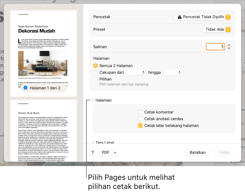 Dialog cetak dengan kontrol untuk pencetak, preset, salinan, dan cakupan halaman. Pages dipilih di menu pop-up di bawah pengaturan untuk cakupan halaman, diikuti oleh kotak centang untuk mencetak komentar, mencetak anotasi cerdas, dan mencetak latar belakang halaman.