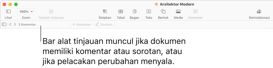 Bar alat Pages di bagian atas layar dengan tombol di sepanjang bagian atas untuk Lihat, Zoom, Tambah Halaman, Sisipkan, Tabel, Bagan, Teks, Bentuk, Media, dan Komentar. Di bawah bar alat Pages terdapat bar alat tinjauan dengan tombol sembunyikan atau tampilkan komentar, panah untuk membuka komentar sebelumnya atau berikutnya, jumlah total komentar, dan tombol tambah komentar atau sorotan.