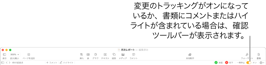 「変更のトラッキング」がオンになっているPagesのツールバー。下にレビューツールバーが表示されています。