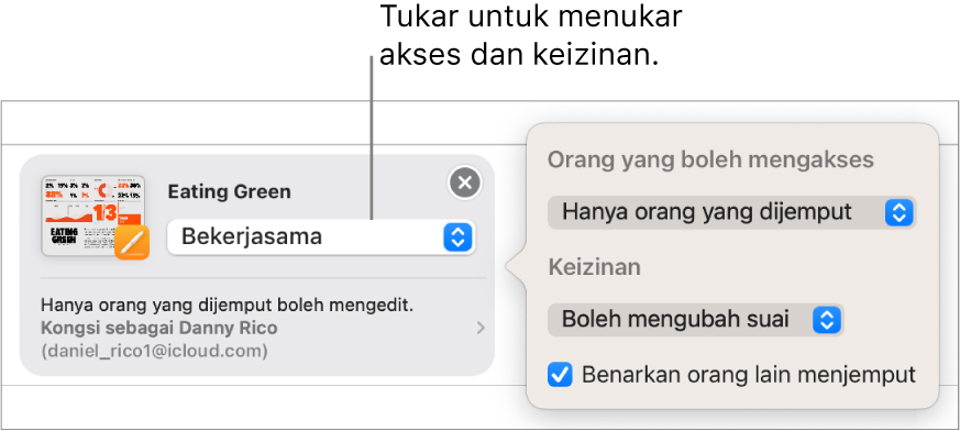 Jemputan untuk bekerjasama sedang dihantar dalam Mesej. Menu timbul mengesahkan akses, keizinan dan keistimewaan jemputan.