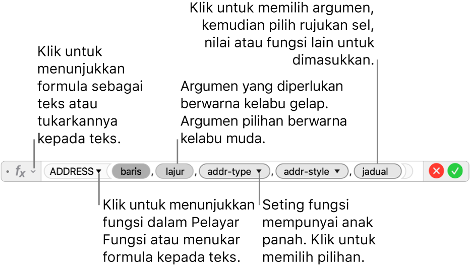 Editor formula menunjukkan fungsi ADDRESS dan token argumennya.